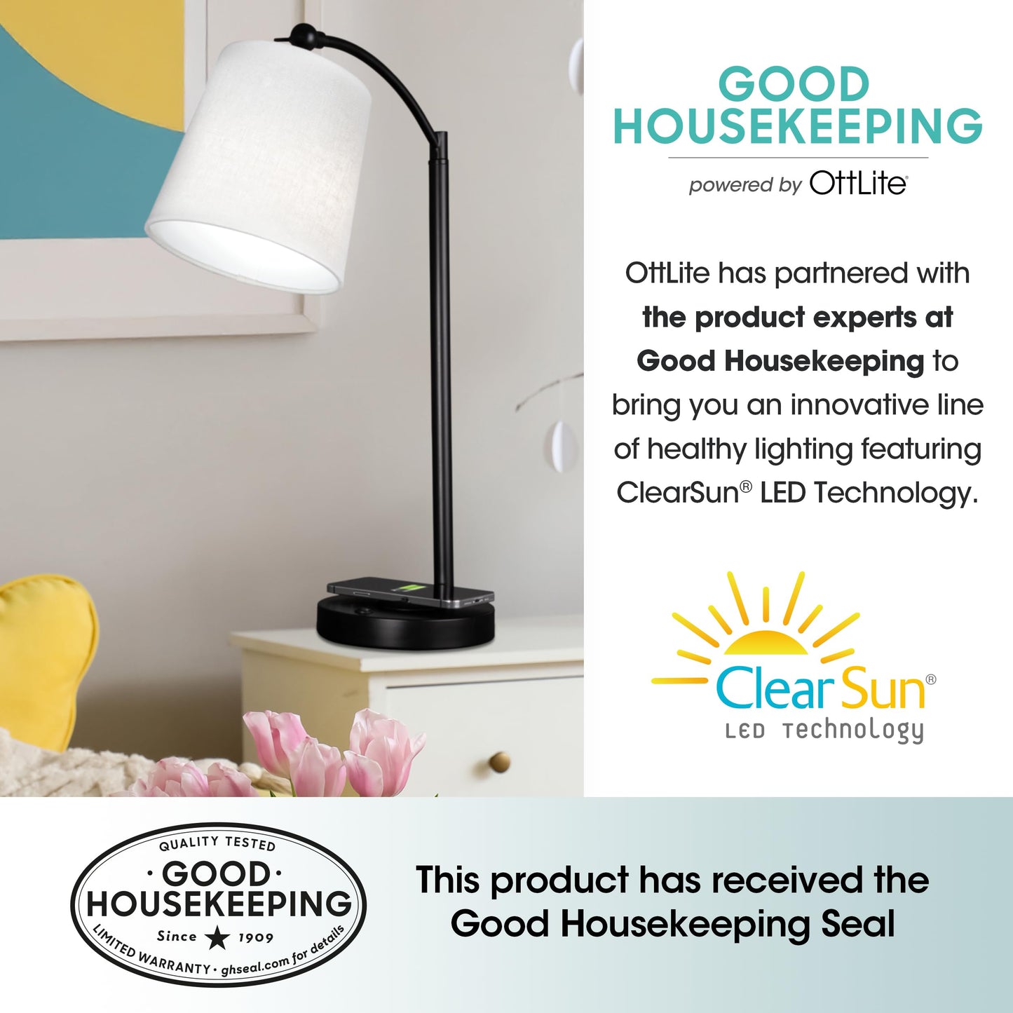 OttLite Good Housekeeping Shaded LED Desk Lamp with Wireless Charging Pad - Designed to Reduce Eyestrain - Adjustable Shade, Replaceable ClearSun LED Bulb, Crafting, Reading Light, Desk Lamp