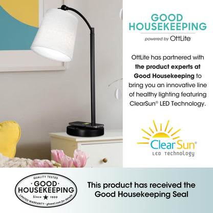 OttLite Good Housekeeping Shaded LED Desk Lamp with Wireless Charging Pad - Designed to Reduce Eyestrain - Adjustable Shade, Replaceable ClearSun LED Bulb, Crafting, Reading Light, Desk Lamp