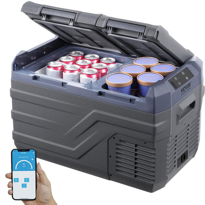 VEVOR NLS35, 12 Volt Car Refrigerator Fridge, 25Liter(26.4qt) Dual Zone Portable Freezer, -4℉-68℉ Adjustable Range, 12/24V DC and 100-240V AC Compressor Cooler for Outdoor, Camping, RV, Grey