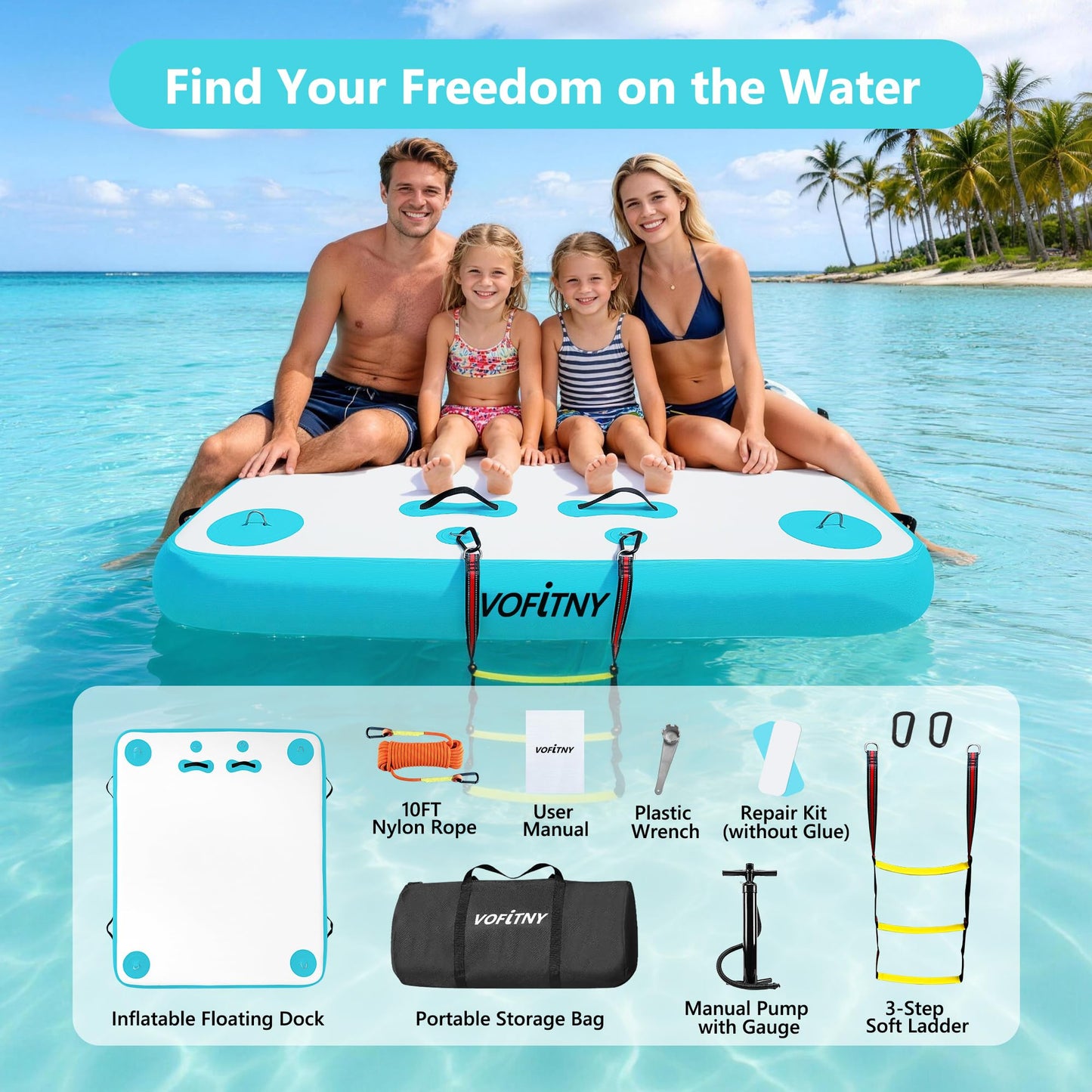 Inflatable Floating Dock Air Platform Multi-Person Swim Water Mat with Rope Ladder, None-Slip Surface for Lake Beach (5ft x 6ft x 6in, Cyan)