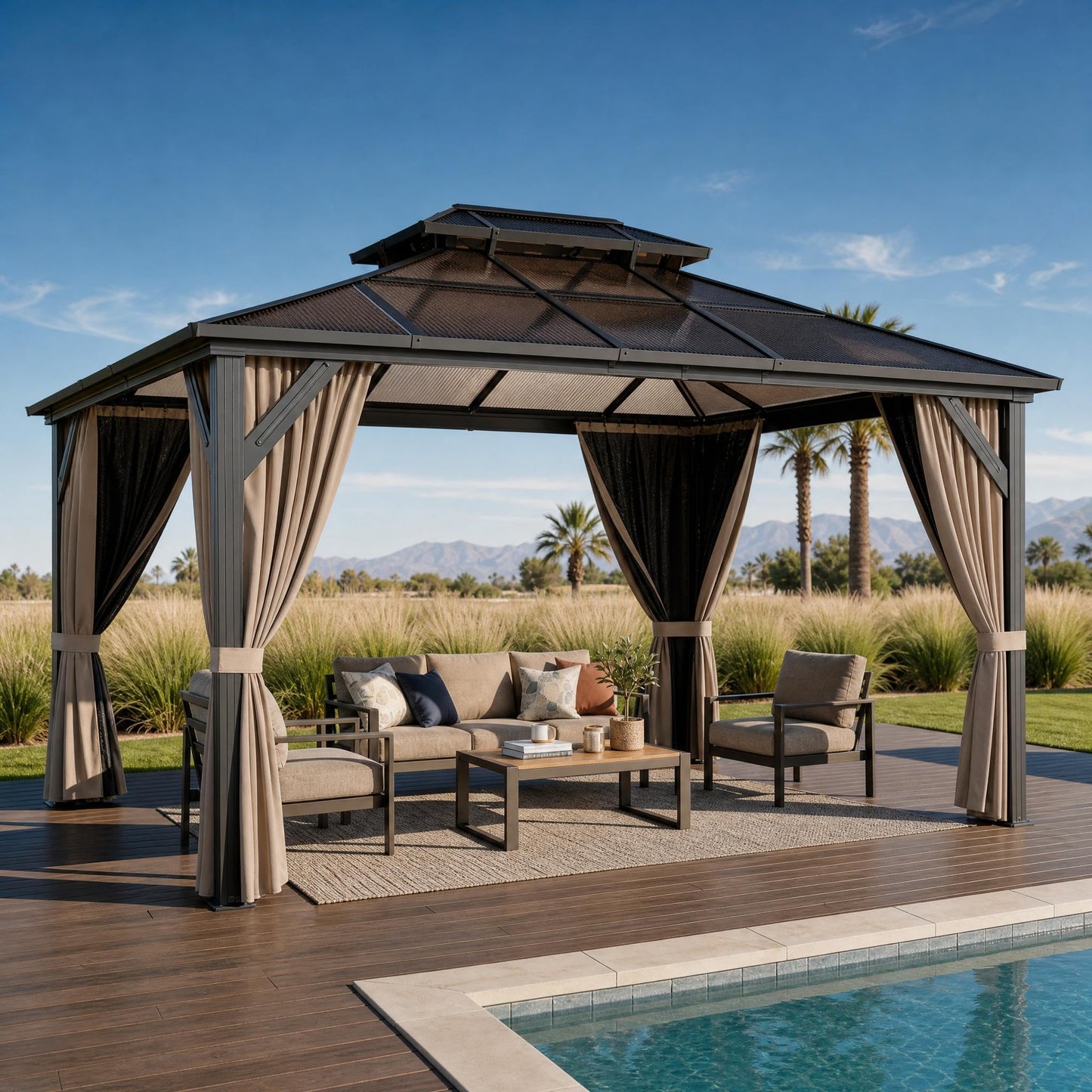 10' x 13' Hardtop Gazebo with Polycarbonate Double Roof, Aluminum Frame Permanent Pavilion with Curtains and Netting, Outdoor Gazebo for Patio Backyard (Khaki)