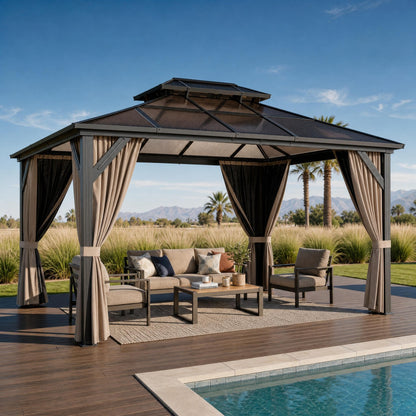 10' x 13' Hardtop Gazebo with Polycarbonate Double Roof, Aluminum Frame Permanent Pavilion with Curtains and Netting, Outdoor Gazebo for Patio Backyard (Khaki)