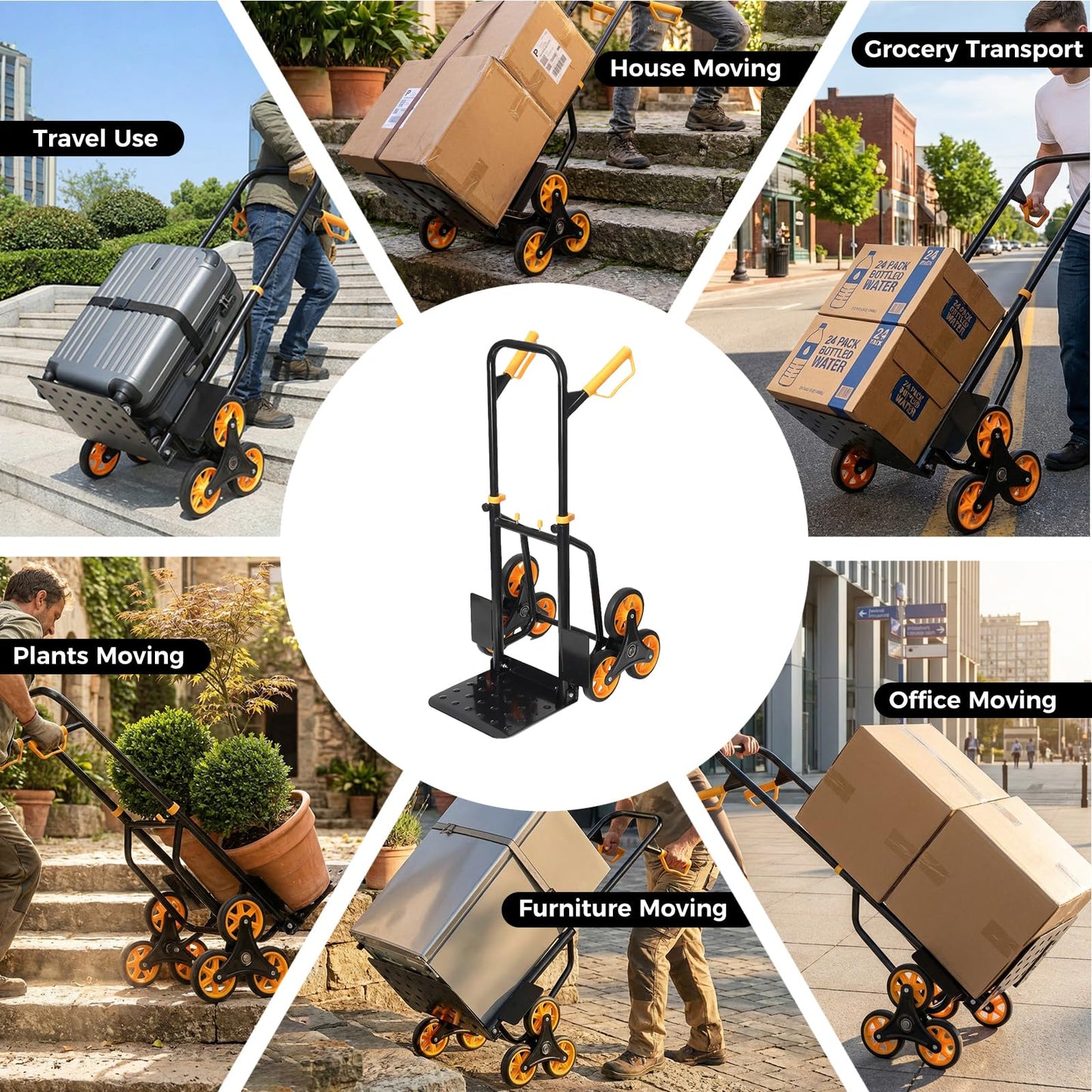 Stair Climbing Dolly - Heavy Duty Stairs Climber Hand Truck for Moving, 380LBS Capacity Folding Cart with 5.9" Triple Wheels, Adjustable Handle, Portable for Home Furniture Grocery Warehouse Office