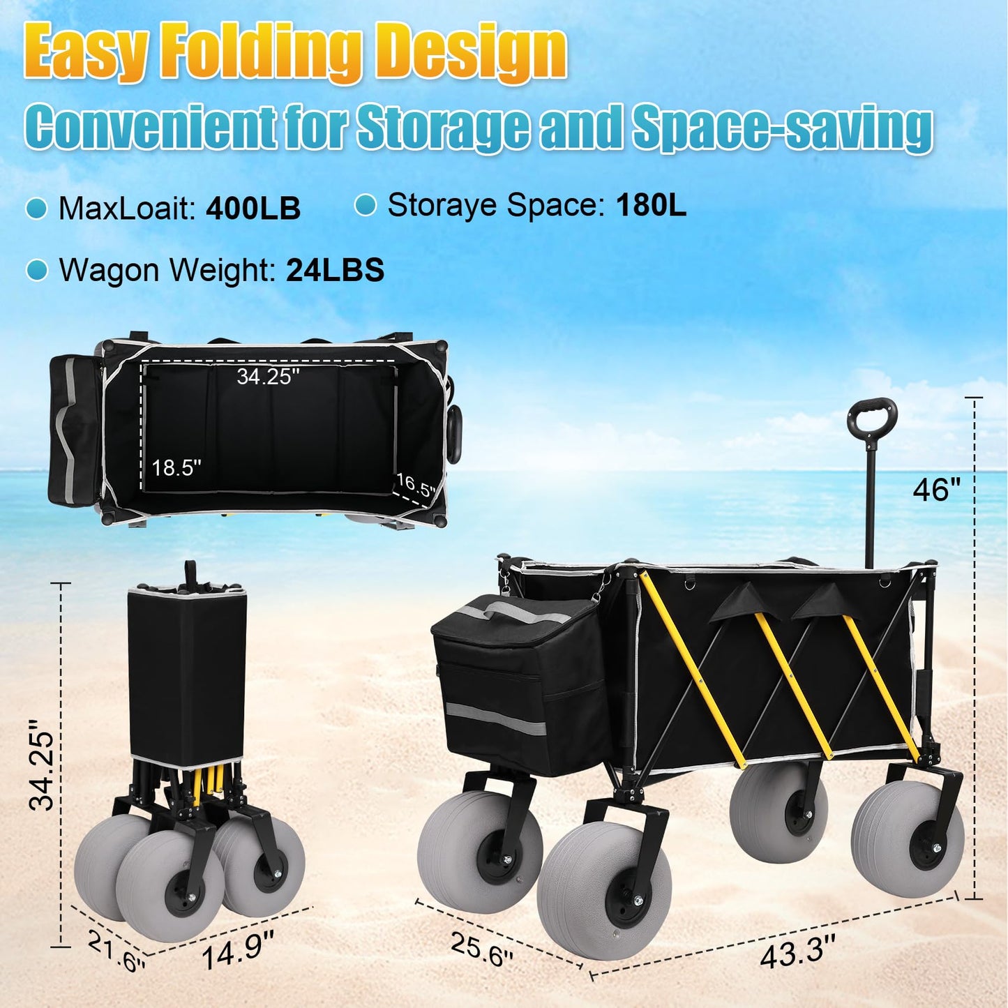 Beach Wagon with Big Wheels for Sand, Heavy Duty 350lbs Folding Beach Wagon with 10.5" All-Terrain Inflatable Wheels, Utility Cart for Camping, Outdoor Shopping, Garden & Sports, Includes Air Pump