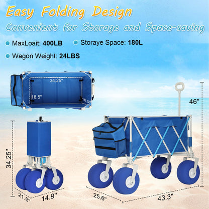 Beach Wagon with Big Wheels for Sand, Heavy Duty 350lbs Folding Beach Wagon with 10.5" All-Terrain Inflatable Wheels, Utility Cart for Camping, Outdoor Shopping, Garden & Sports, Includes Air Pump
