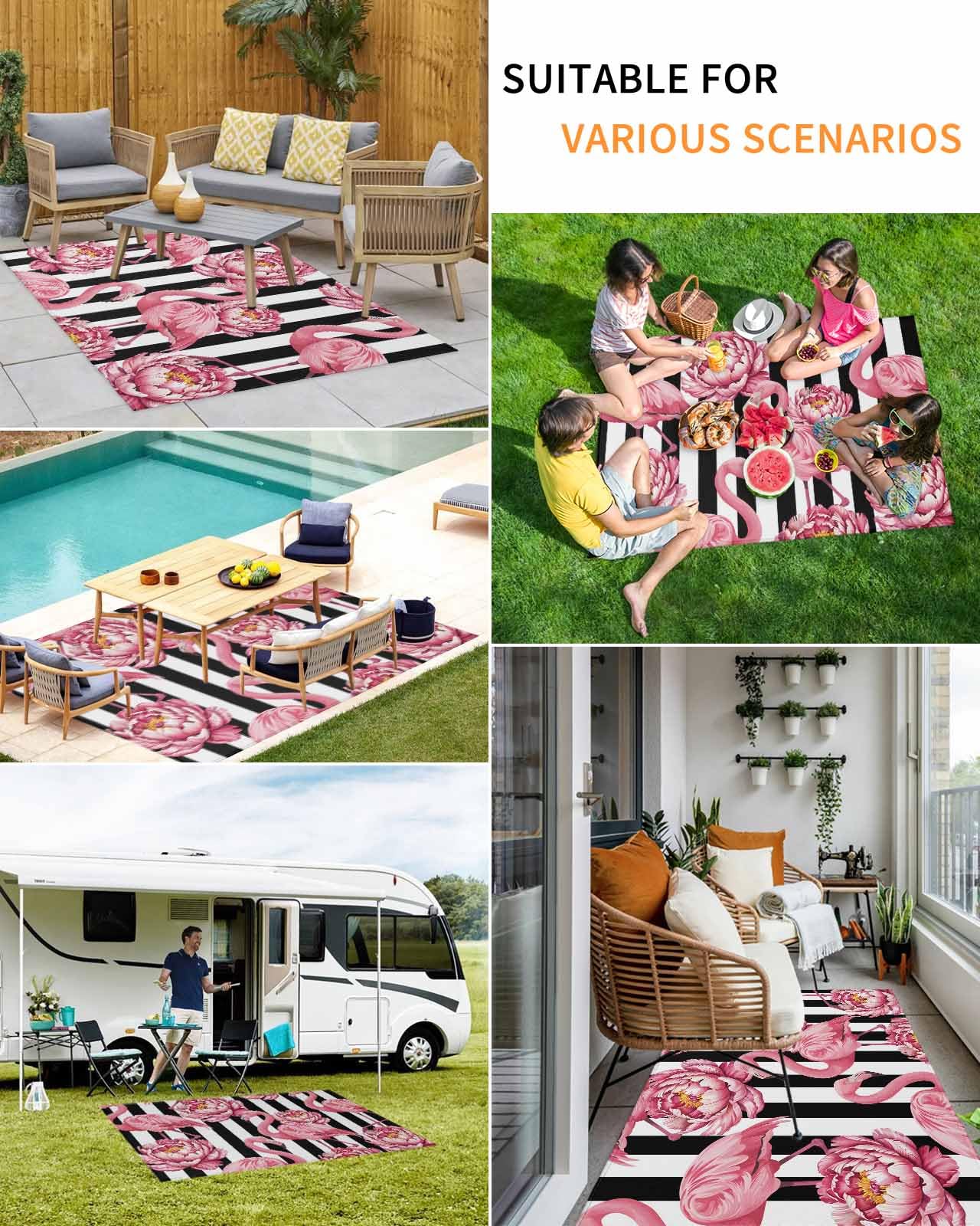 Outdoor Rug 4x6 ft Pink Floral Flamingos Outdoor Large Area Rug Non Slip Rubber Black Stripes Front Door Mat RV Rug Camping Carpet Patio Outdoor Rugs for Backyard Balcony Deck Porch Indoor Outside