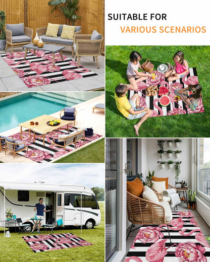 Outdoor Rug 4x6 ft Pink Floral Flamingos Outdoor Large Area Rug Non Slip Rubber Black Stripes Front Door Mat RV Rug Camping Carpet Patio Outdoor Rugs for Backyard Balcony Deck Porch Indoor Outside
