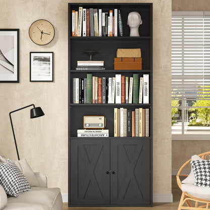 Modern Bookshelf with Doors, Industrial Bookshelves with 6-Tier Shelf, 71 inches Tall Bookcase Display Cabinet with Storage for Home Office, Black