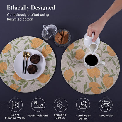 The Fine Living Co. Lemon Printed Braided Cotton Placemats (Set of 6, 13.5 Inches), Washable Anti-Slip Heat Resistant Mats, Boho Woven Round Table Mats for Table Decor, Kitchen and Dining