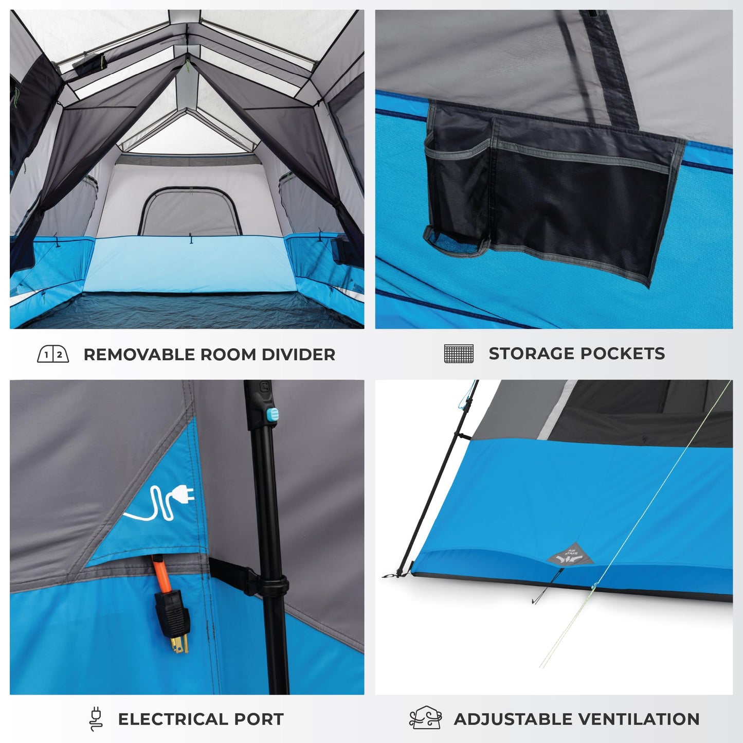 CORE 9 Person Instant Cabin Tent with LED Lights | Large Multi Room Family Lighted Pop Up Tent for 2 Minute Camp Setup | Included Storage Pockets for Camping Accessories