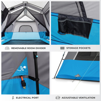 CORE 9 Person Instant Cabin Tent with LED Lights | Large Multi Room Family Lighted Pop Up Tent for 2 Minute Camp Setup | Included Storage Pockets for Camping Accessories