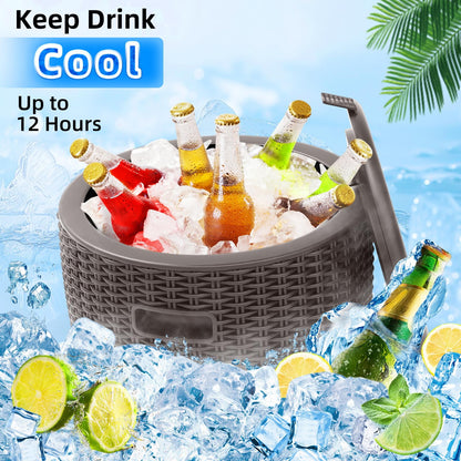 Outdoor Ice Cooler Side Table, 9.5 Gallon Beer and Wine Cooler for Patio Party, Portable Bar Table Rattan Pattern Round Portable Ice Chest, Patio Furniture & Beverage