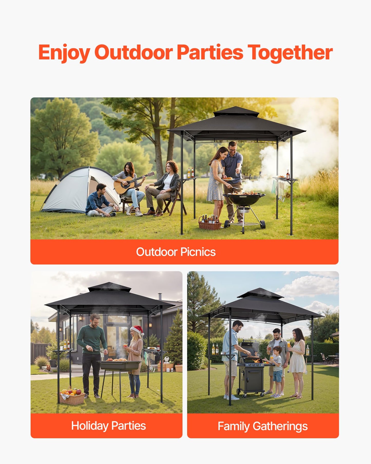 VEVOR Grill Gazebo, 8 x 5 ft Outdoor BBQ Gazebo with Double-Tiered Roof, Powder-Coated Steel Patio Grill Shelter with 2 Side Shelves & 8 Hooks, Grilling Canopy for Patio Backyard Garden Picnic