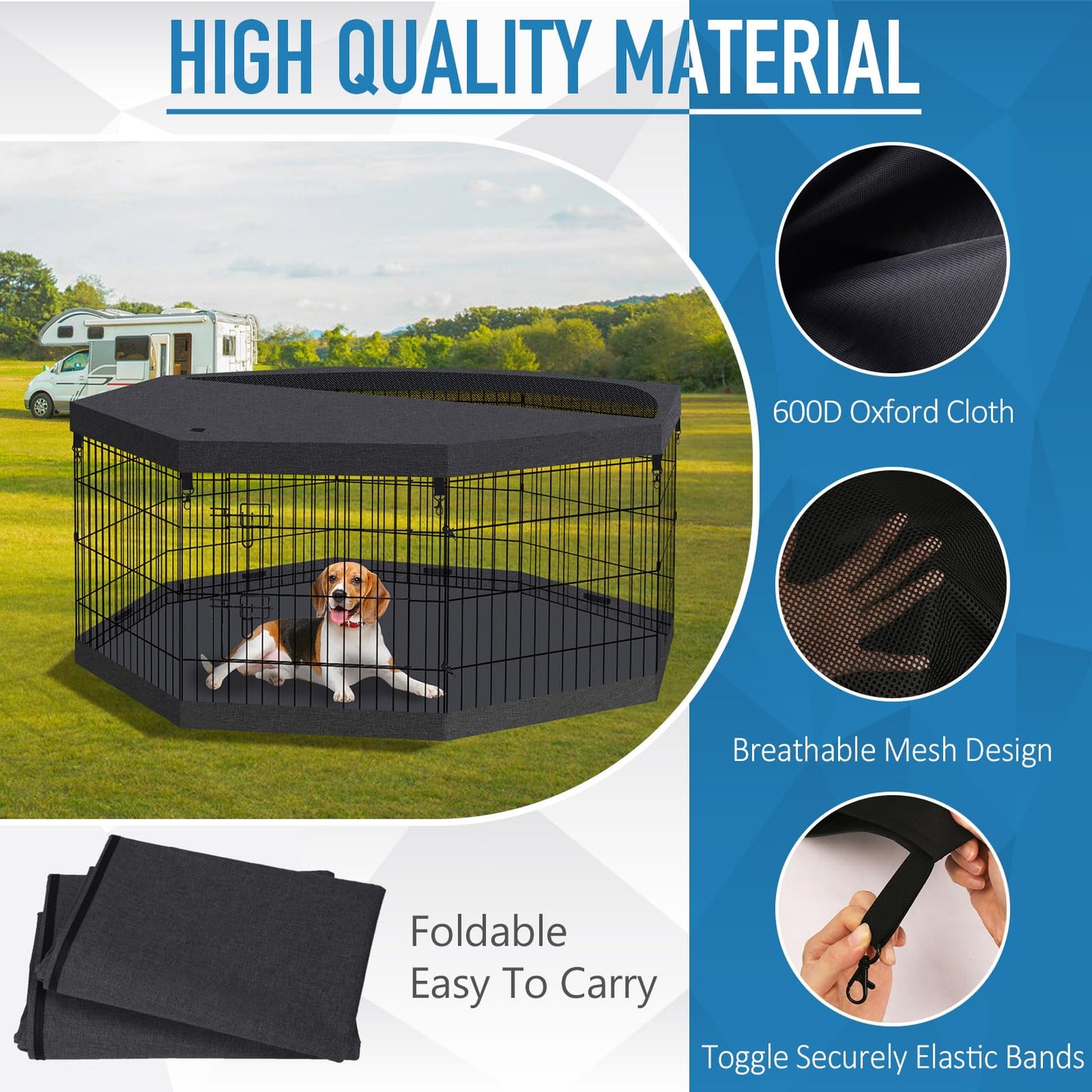 Foldable Metal Wire Dog Pen Pet Playpen Dog Fence Indoor Exercise Pen Enclosure Indoor Outdoor with Bottom Pad and Top Cover (Black 24 top Bottom Cover)