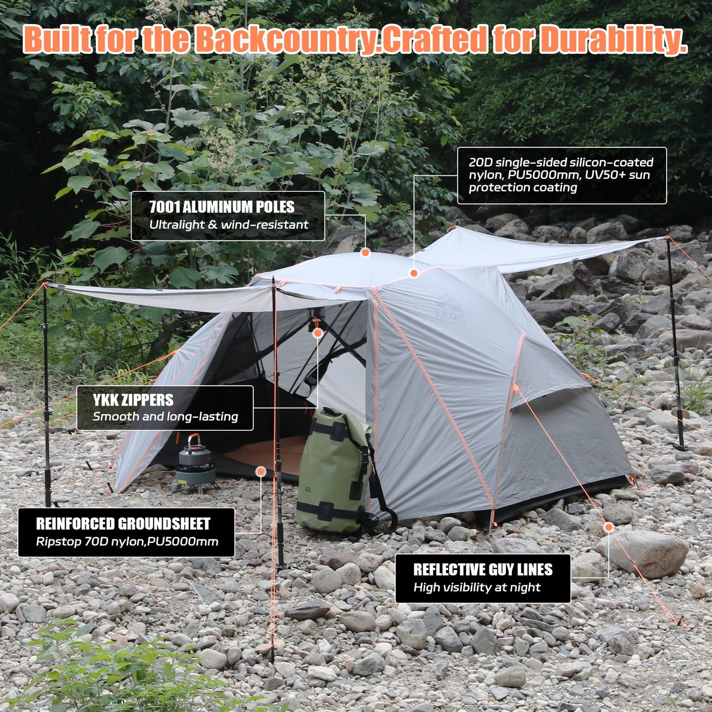 LEQC 2 Person Lightweight Backpacking Tent – 5000mm Waterproof Silicone Nylon, 7001 Aluminum Poles, YKK Zippers, Compact 3-Season Hiking & Camping Tent with Front Vestibule