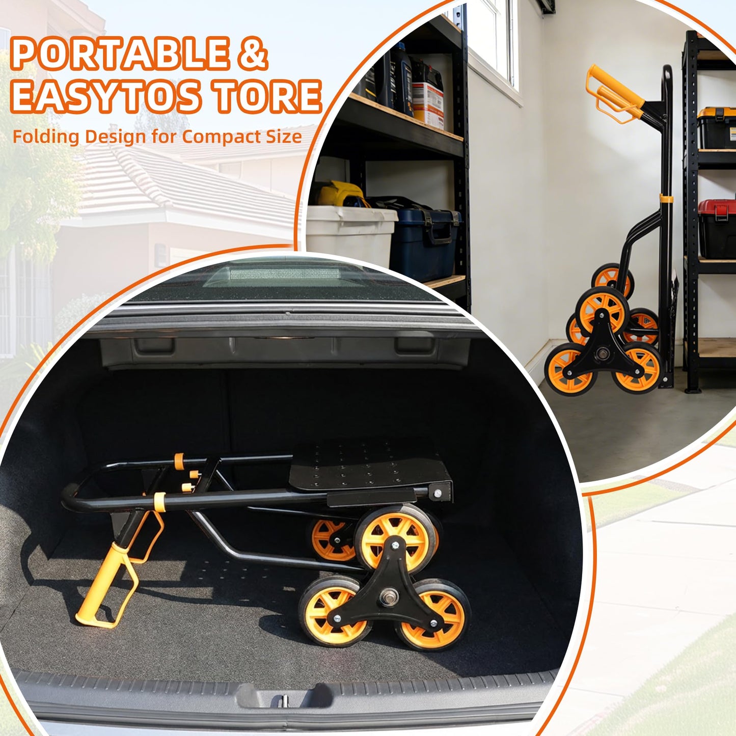 Heavy Duty Stair Climbing Dolly, 380lb Capacity Folding Hand Truck with 5.9” Tri-Wheel, Portable Stair Climber Cart for Moving Furniture Groceries Boxes Laundry, Back-Saving Tool for Apartment Home