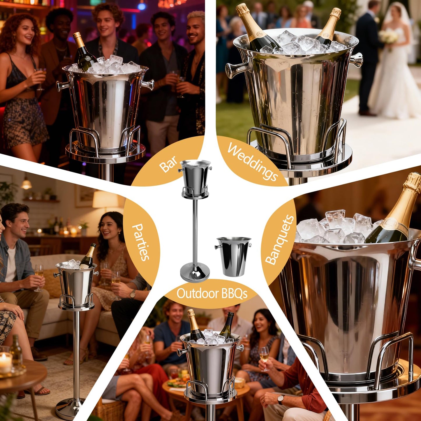 Champagne Bucket with Stand, Wine Bucket Stand with 5L Bucket, Stainless Steel Standing Ice Buckets for Bar, KTV, Hotel, Party, Gathering (Silver, 2 Packs)