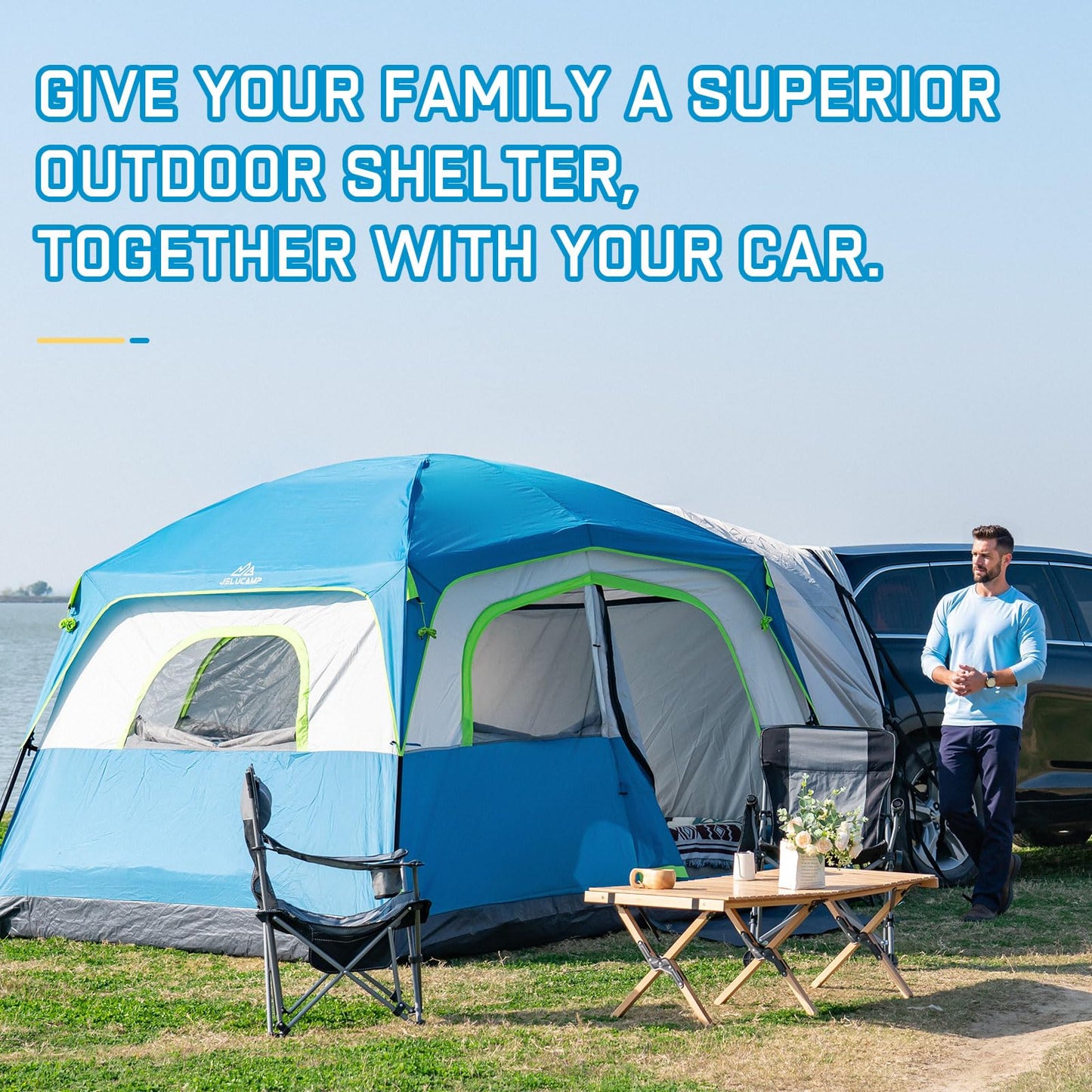 JELUCAMP SUV Tents for Camping 6 Person Waterproof, Car Family Camping Tent with Tailgate Attachment for SUV, Jeep, Truck with Cap, Easy Setup Large Tent for Outdoor Camping, Blue