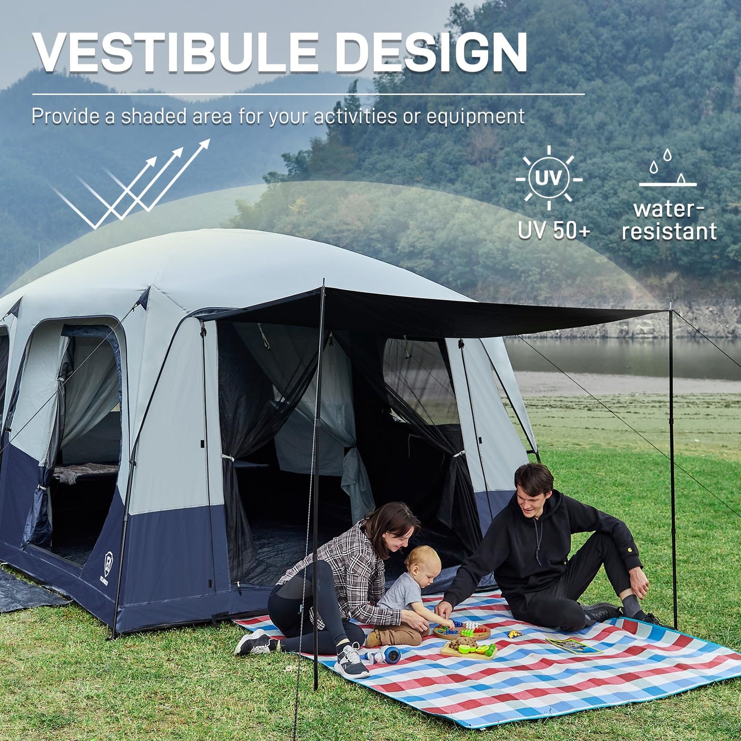 EVER ADVANCED 10 Person Camping Blackout Design Tent, Multi Room Tent for Family, Large Tents with Rainfly and Carry Bag, 2 Doors, Water-Resistant, 14ft x 10ft x 84in