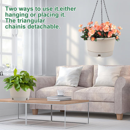 Svxtoby 10 Inch Hanging Planters for Indoor Plants, 4 Pack Plastic Hanging Baskets with Removable Trays & 15.7" Chain, Outdoor Hanging Plant Pot for Home Garden Porch Balcony Patio Decor (Beige)