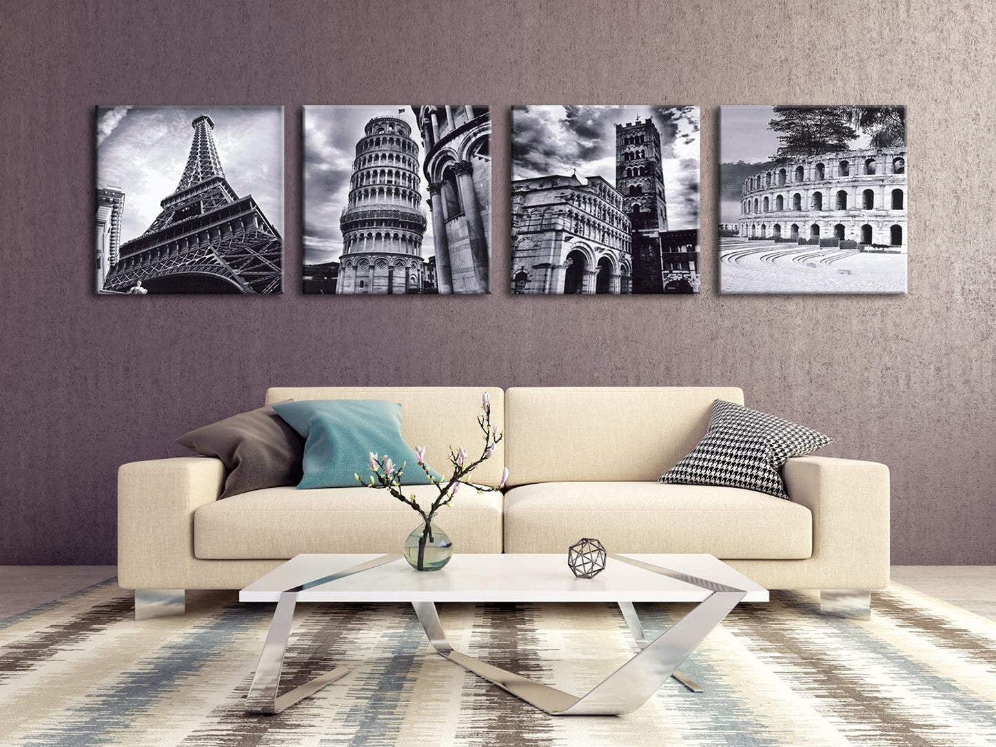 Wieco Art Architectures Modern 4 Panels Giclee Canvas Prints Europe Buildings Black and White Landscape Pictures Paintings on Canvas Wall Art Ready to Hang for Bedroom Home Office Decorations