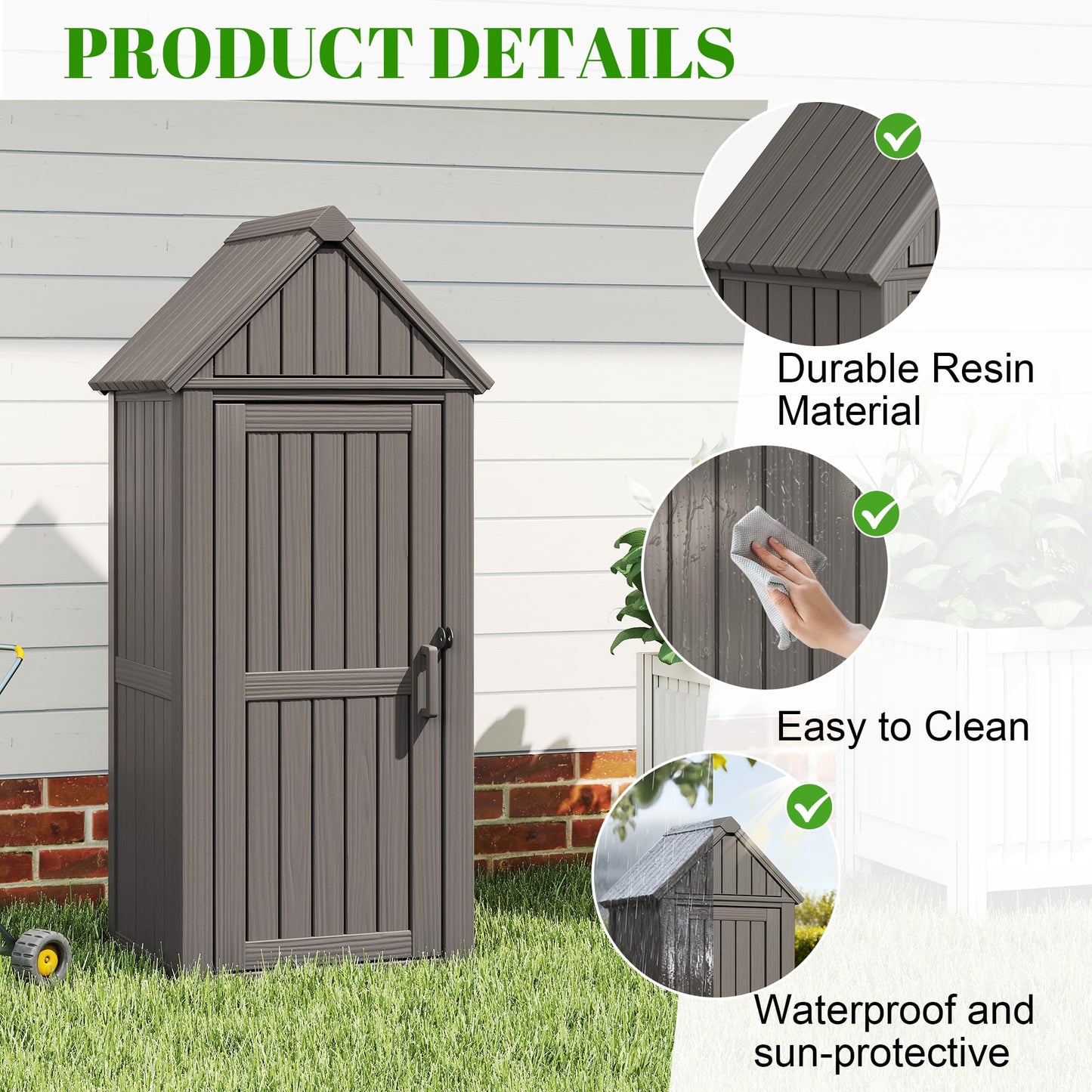 WTFGO Vertical Outdoor Storage Shed, Waterproof Resin Outdoor Storage Cabinet with Removable Shelves & 12 Hooks, Lockable Small Tool Shed for Garden, Backyard, Patio, Pool, Gray