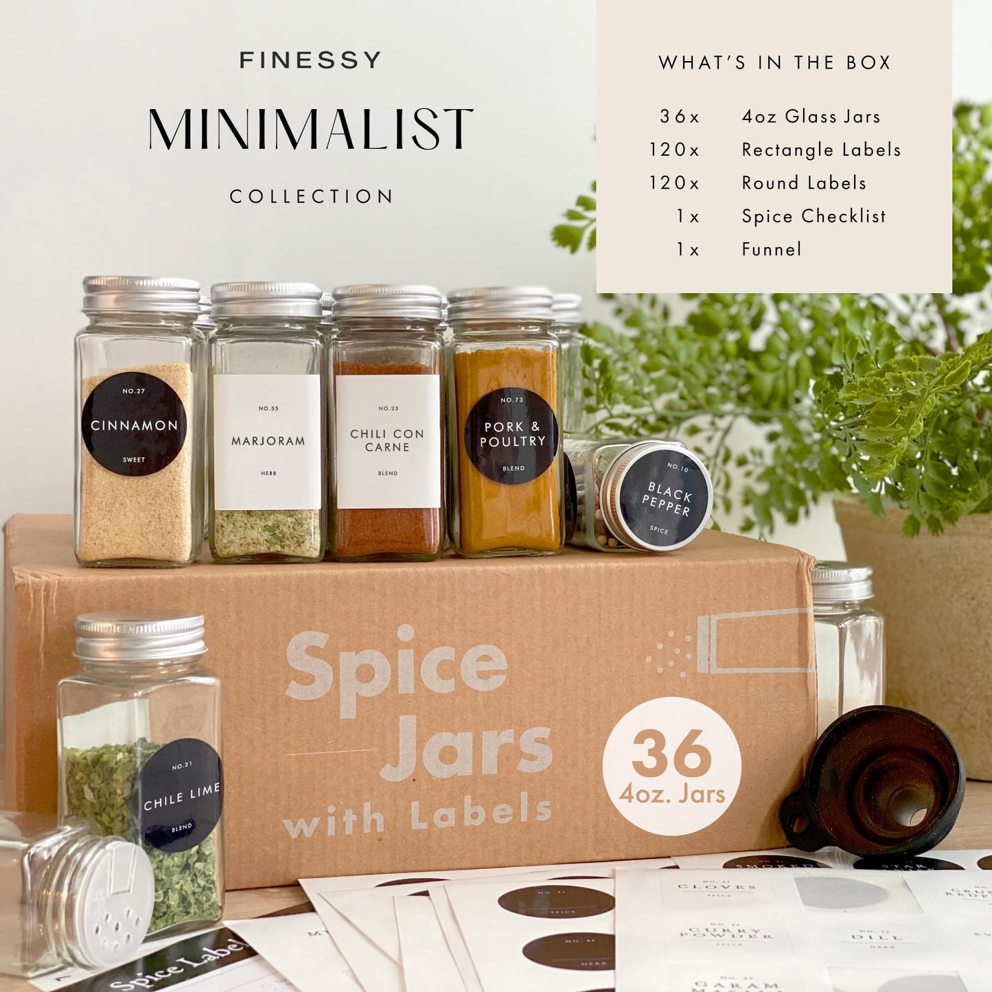 FINESSY Glass Spice Jars with Labels with Metal Lids and Shakers 24 Pack Set, 4oz Small Empty Air Tight Spice Containers with Labels, Clear Seasoning Containers Herb Bottles Kitchen Storage Organizer