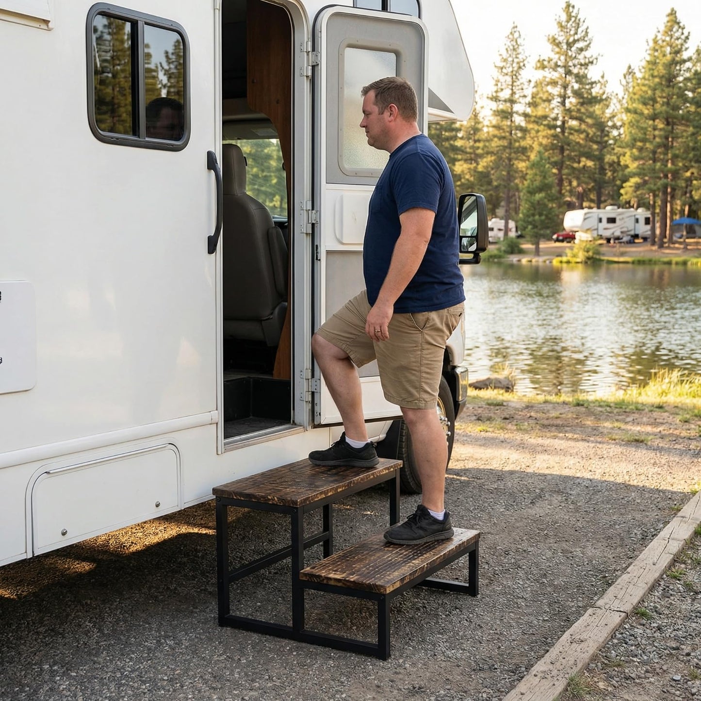 FleiSleep RV Access Stairs, Portable Bath tub Steps, Pool Entry ladders, Exterior Home staircases, Camping‑use Platforms, and Garage Stepping stools. (Tiger-Patterned Wood, 4-Steps)
