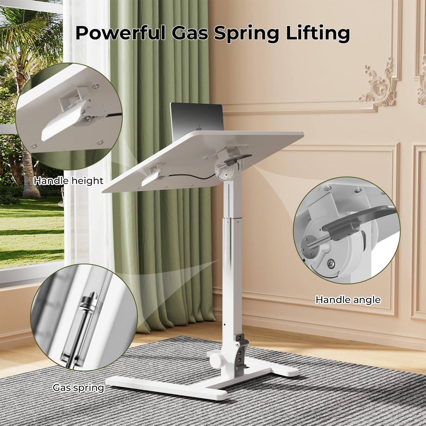 Gibbon Mounts Foldable Standing Desk，Small Mobile Sit-Stand Desk with 90 Tiltable Top，Rolling Rising Laptop Workstation Adjustable Height，Portable Table on Hidden Wheels/4 Lockable Casters，White