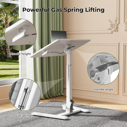 Gibbon Mounts Foldable Standing Desk，Small Mobile Sit-Stand Desk with 90 Tiltable Top，Rolling Rising Laptop Workstation Adjustable Height，Portable Table on Hidden Wheels/4 Lockable Casters，White