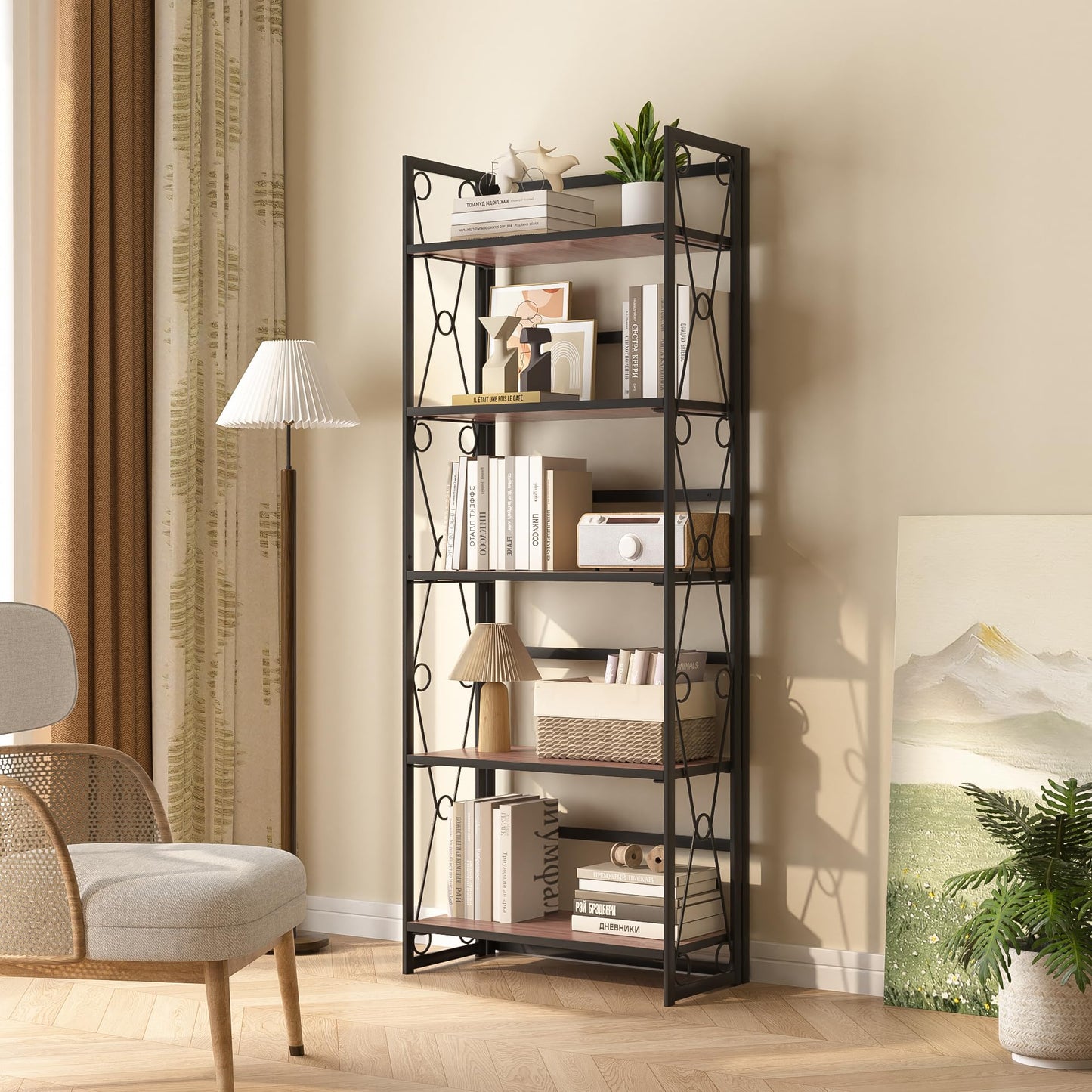 VECELO Folding Bookshelf,5 Shelf Bookcase No Assembly, Industrial Metal Frame Shelves Rack Organizer for Living Room, Office,Walnut 2 Set
