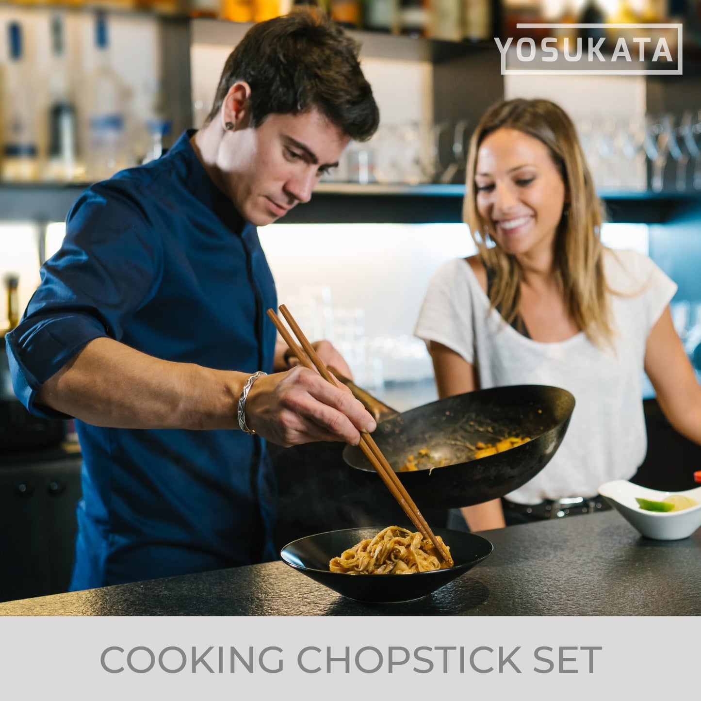 YOSUKATA Carbon Steel Wok Pan11.8 in + 17" Wok Spatula and Ladle and Turner + Reusable Natural Wooden Long Cooking Chopsticks Set of 3 pairs