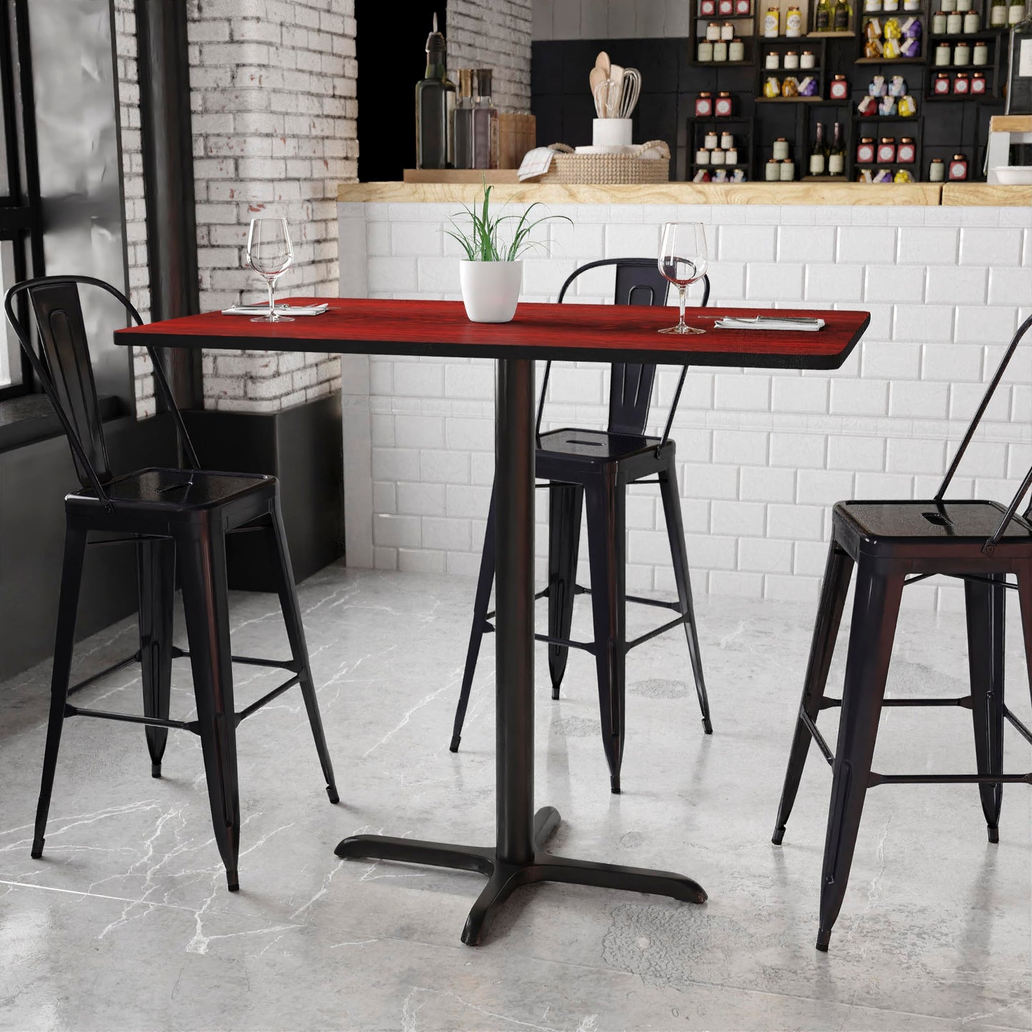 Flash Furniture Stiles 30'' x 48'' Rectangular Mahogany Laminate Table Top with 23.5'' x 29.5'' Bar Height Table Base