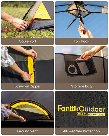 FanttikOutdoor Zeta C4 Camping Tent, 4 Person Instant Dome Tent, Easy Setup in 60s, Portable Waterproof Cabin Tent with Pre-Attached Poles & Air Vent, Ideal for Camping, Hiking, Backyard