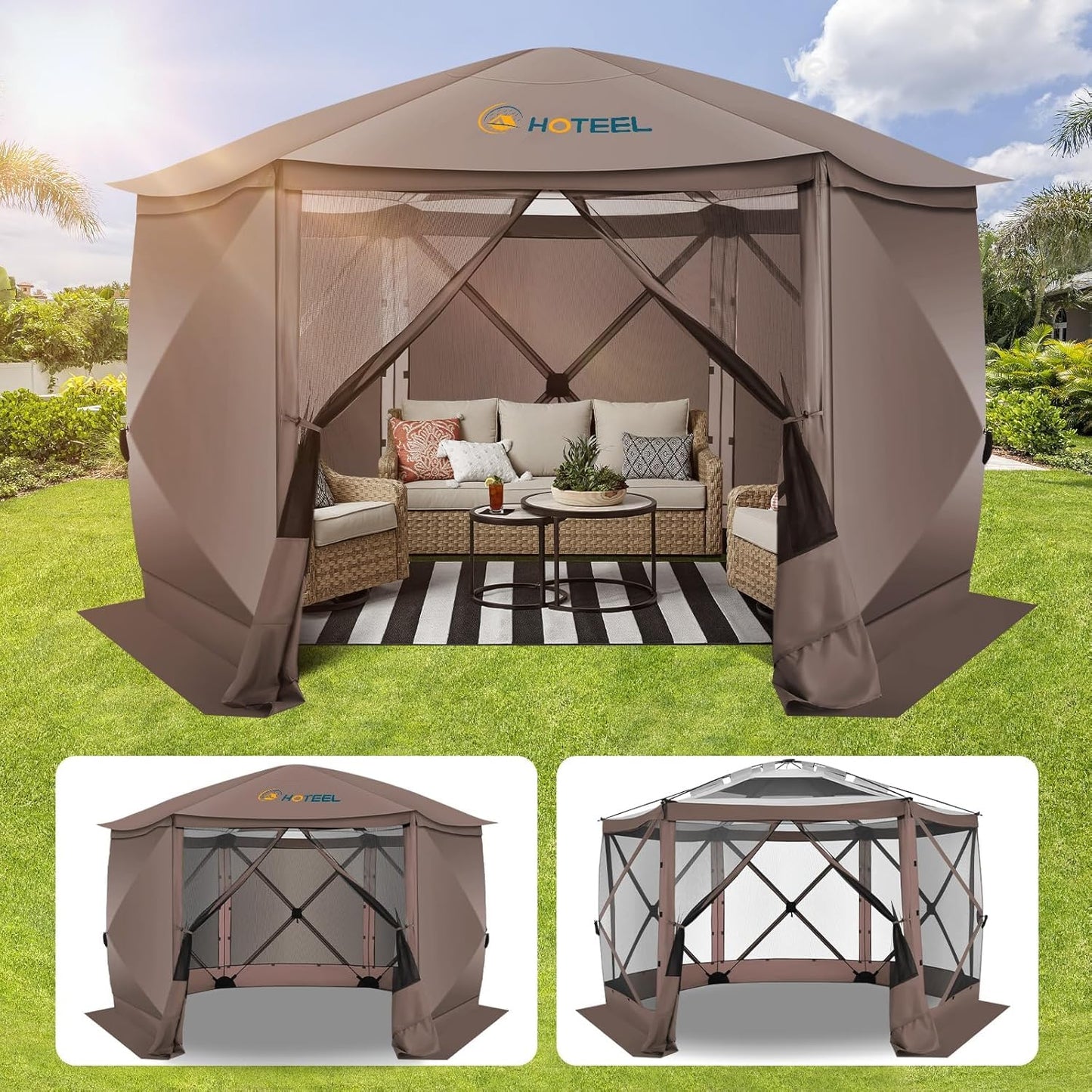 COBIZI 12x12FT Pop Up Gazebo Screen Tent Screen House for Camping, Screen Room with Mosquito Netting, Hub Tent Instant Screened Canopy with Carrying Bag and Ground Stakes, Brown