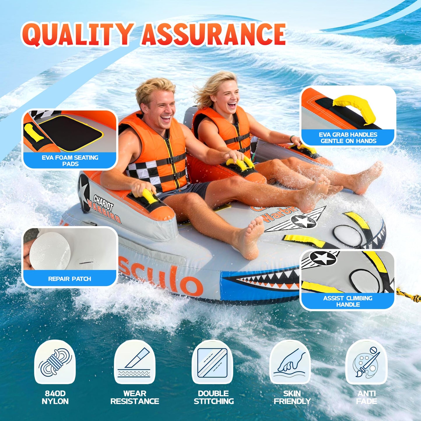 K-Musculo Towable Tubes Heavy Duty Water Tubes - 2 Person Shark Battle Tank, Boat Tubes & Towables, EVA Foam Pads, Drainage, Super Safe Handle, Quick Connector (F-1012)
