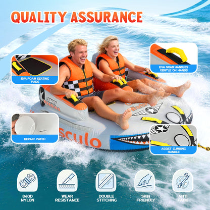 K-Musculo Towable Tubes Heavy Duty Water Tubes - 2 Person Shark Battle Tank, Boat Tubes & Towables, EVA Foam Pads, Drainage, Super Safe Handle, Quick Connector (F-1012)