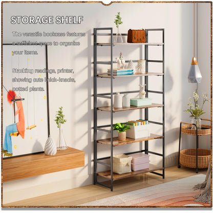 4NM No Assembly 5 Tier Collapsible Book Shelves, 51.2" H x 23.6" W Folding Bookshelf Bookcase Open Industrial Foldable Shelf for Bedroom, Living Room, Home Office - Rustic Brown