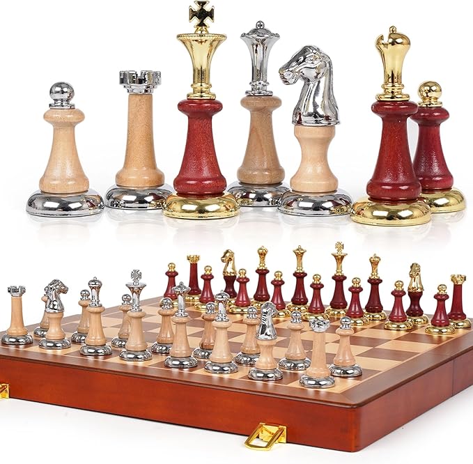 Large Wooden Chess Set with Metal &amp Wooden Chess Pieces Luxury 17 Inch Chess Board Game with 2 Extra Queens Premium Classic Strategy Board Game for Adults Kids Beginners &amp Gift Lovers
