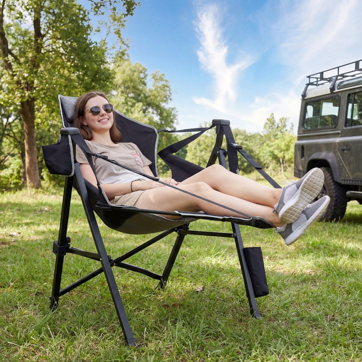 Dovov Hammock Camping Chair with Removable Footrest, 400lbs Heavy Duty Portable Swing Chair Outdoor with Adjustable Back, Foldable Camping Chair with Headrest and Cup Holder for Camping, Patio, Lawn