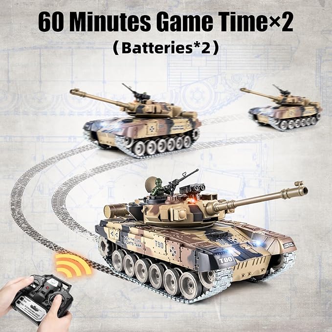 RC Tank 1:18 Russian T-90 Metal Tracks Remote Control Model Tank Toys 2.4Ghz Army Toys with Smoke Sound and Light RC Military Vehicle that Shoots BBS for Adults and Kids