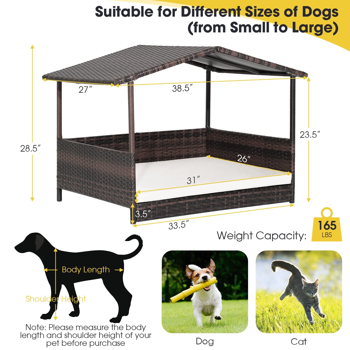 PETSITE Wicker Elevated Dog Bed with Weatherproof Roof, Raised Rattan Pet House Indoor/Outdoor with Removable Cushion Lounge for Small, Medium Dogs