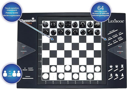 Lexibook Chessman® Elite Interactive Electronic Chess Game + 64 Levels of Difficulty LEDs Family Child Board Game Black/White CG1300US