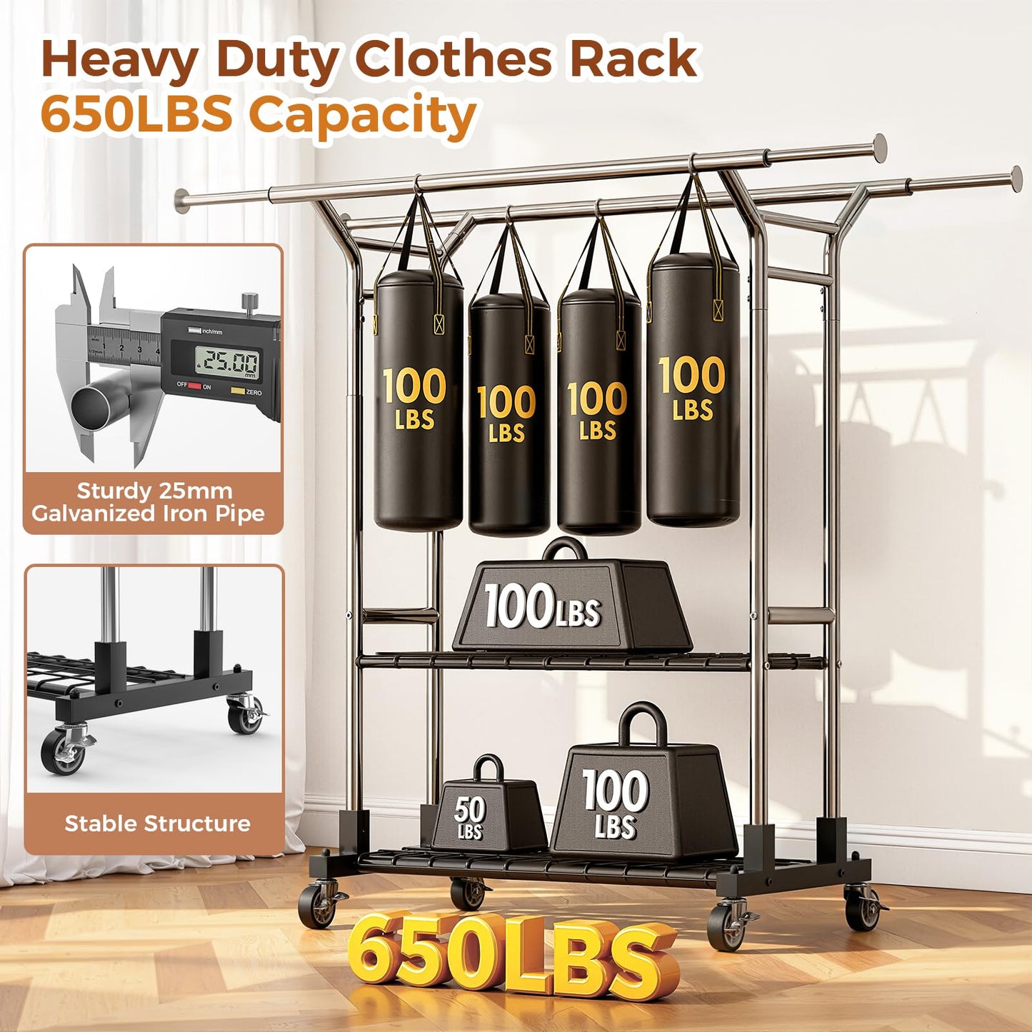 Luxspire Heavy Duty Clothes Rack Load 650 LBS, Double Rod Clothing Racks for Hanging Clothes, Rolling Garment Racks with Lockable Wheels, Shelves, Adjustable Laundry Hanging Rack, Silver