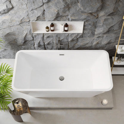 59" Freestanding Bathtub, Modern Soaking Bathtub, Freestanding Rectangular Tub with Non-Slip Base and Easy Drain, Deep Design for Adults, Ideal for Bathroom Relaxation, Chrome Drain, White
