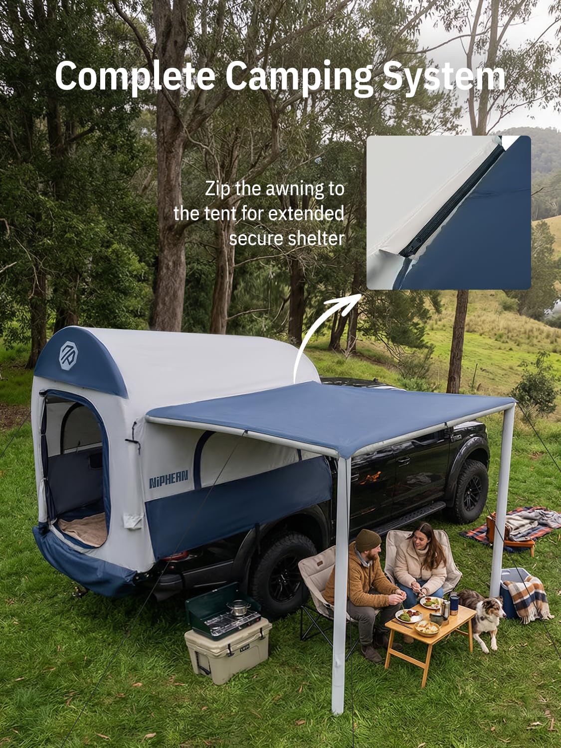 Niphean Inflatable Truck Bed Tent with Zipper-Connect Rv Awning, 3-Min Setup Camping System for 5.5–8ft Truck Tent, Waterproof PU3000mm + UV50+ Side Shade, 2+1 Person Overland Shelter