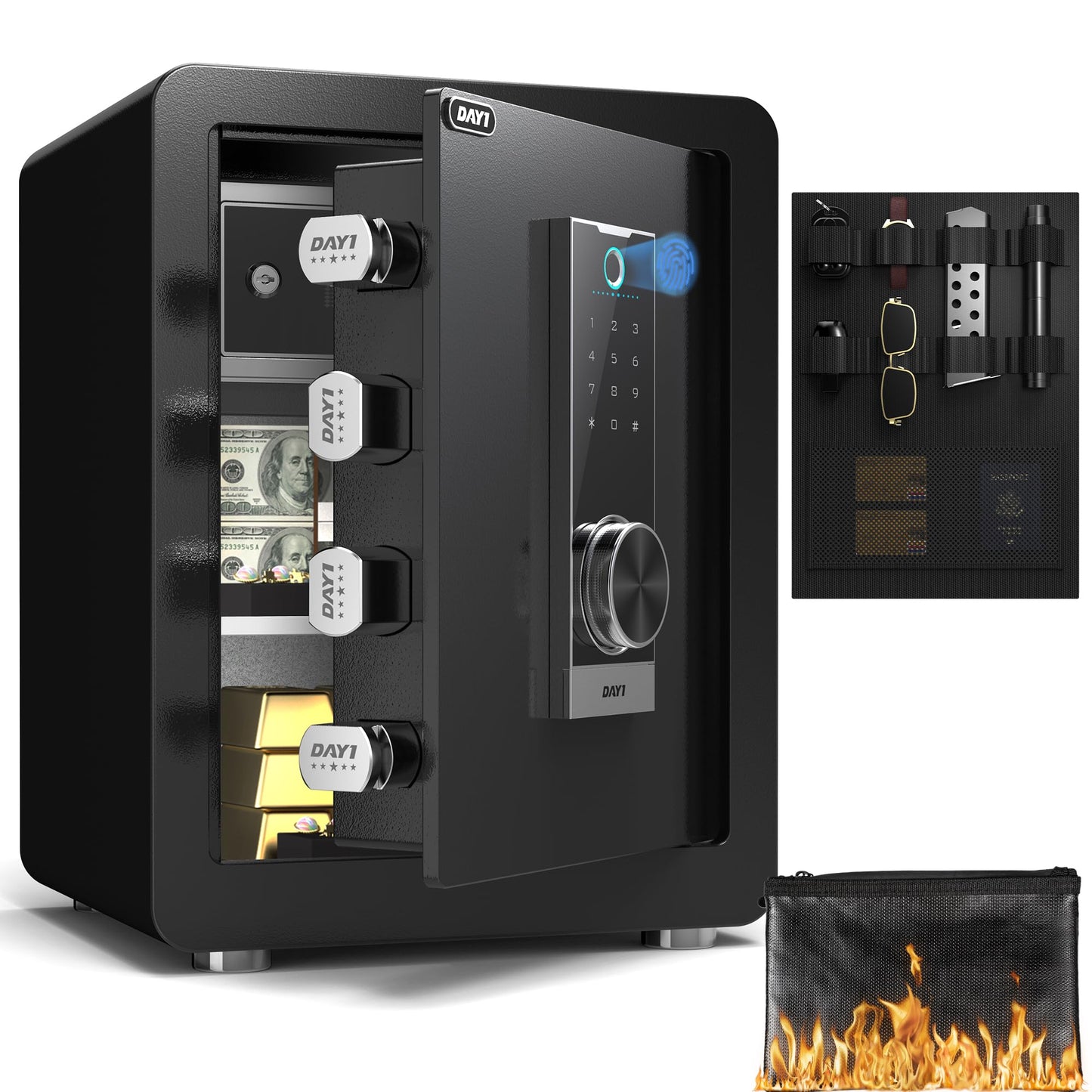 DAYI Biometric Fingerprint Safe Box, 2.0 Cubic Feet Home Safes with Fireproof Bag, Digital Touchpad Security Safe for Money Cash Documents, Dual Alarm System - 45 Pro