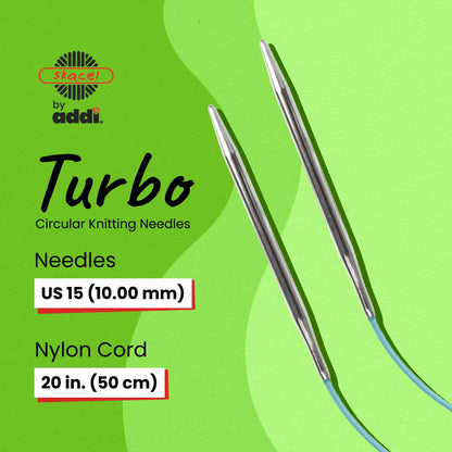 skacel by addi Circular Knitting Needles, 20 Inch (50 cm) Turbo Round Plated Brass Knitting Needle Pair with Nylon Cord, 10 mm (US Size 15)