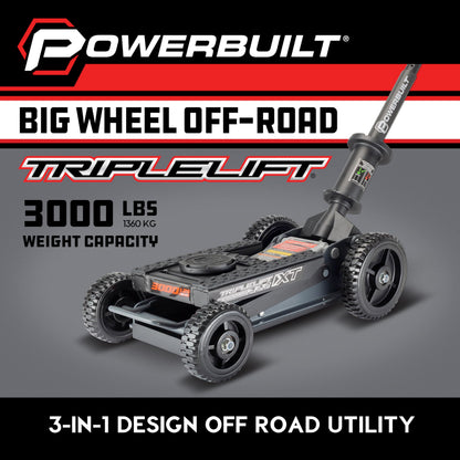 Powerbuilt Big Wheel Triple Lift Garage Jack, 3000 Pound Off Road Lift, Truck, Car, Motorcycle 1.5 Ton Capacity, 620613ECE