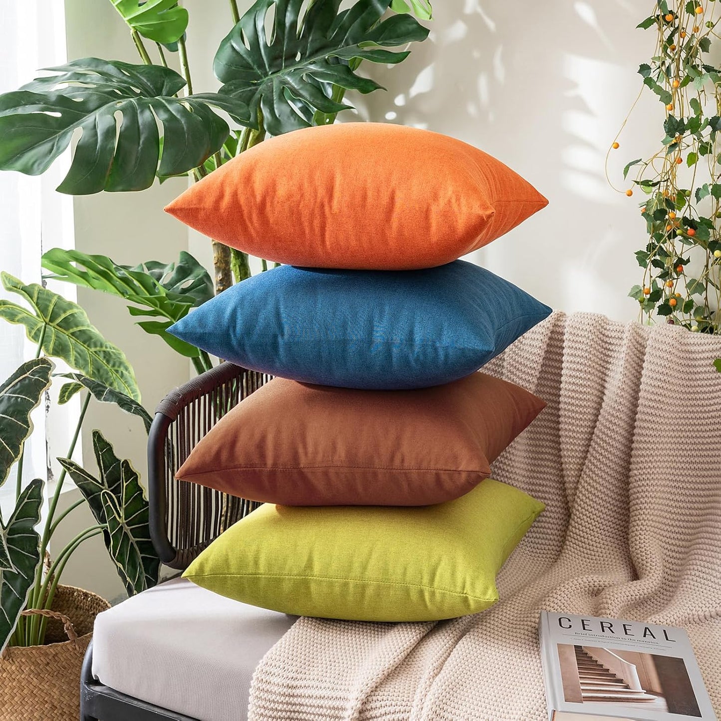 MIULEE Decorative Outdoor Throw Pillow Covers - Waterproof Faux Linen Cushion Cases | 20x20 Inch Bright Orange (Pack of 2)